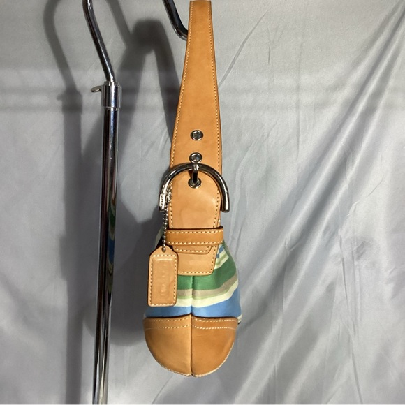 SOLD……COACH Blue Green Striped w/ Tan Leather Shoulder Bag L2J-9514 EUC - Picture 3 of 10